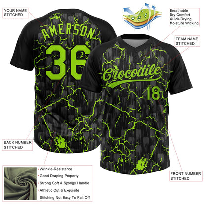 Custom Black Neon Green-Gray Raglan Sleeves Neon Lightning Crackle Two-Button Unisex Softball Jersey