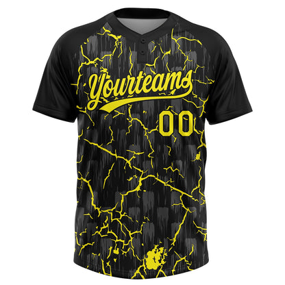 Custom Black Light Yellow-Gray Raglan Sleeves Neon Lightning Crackle Two-Button Unisex Softball Jersey