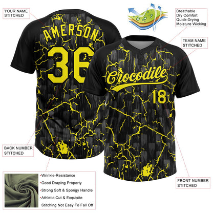 Custom Black Light Yellow-Gray Raglan Sleeves Neon Lightning Crackle Two-Button Unisex Softball Jersey