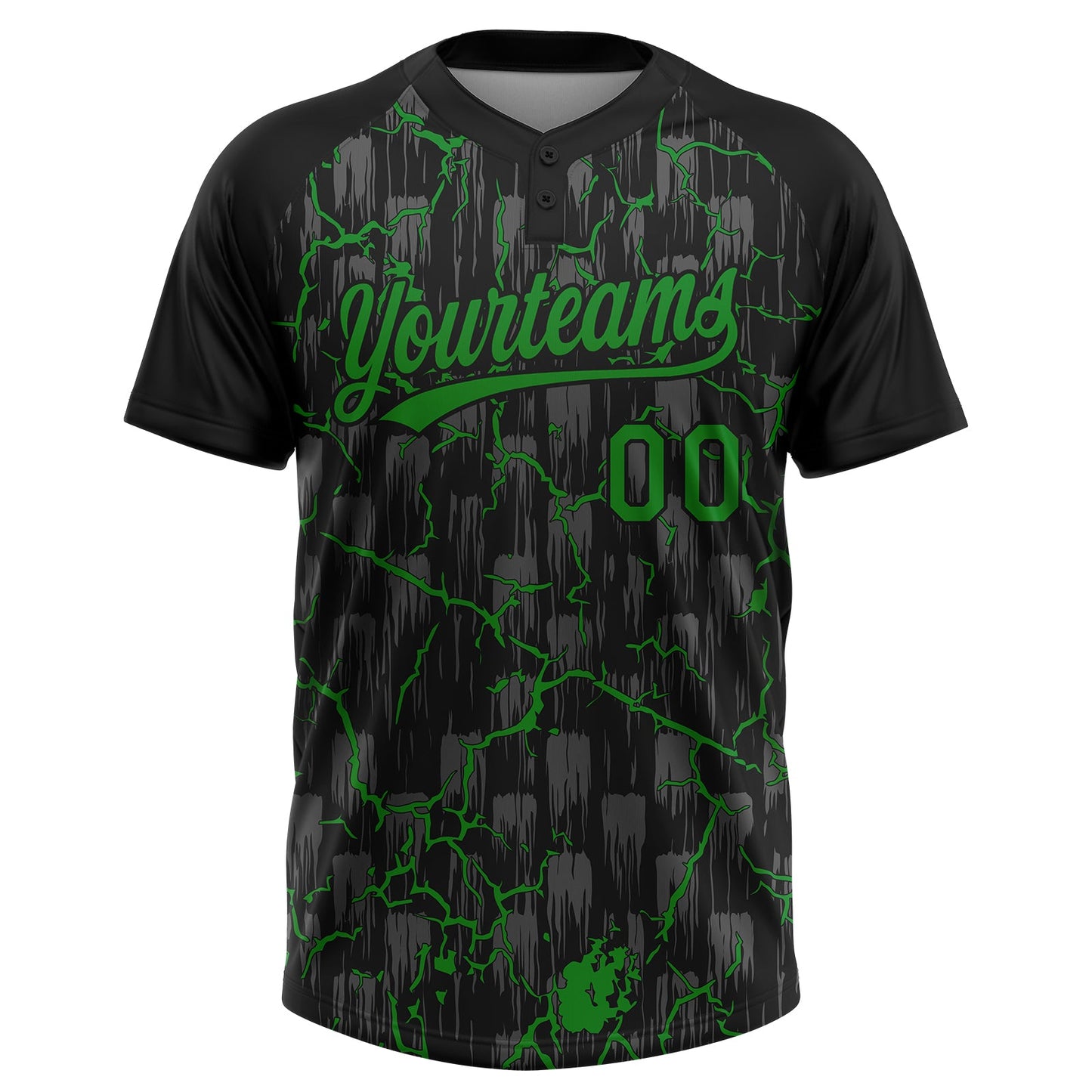Custom Black Grass Green-Gray Raglan Sleeves Neon Lightning Crackle Two-Button Unisex Softball Jersey