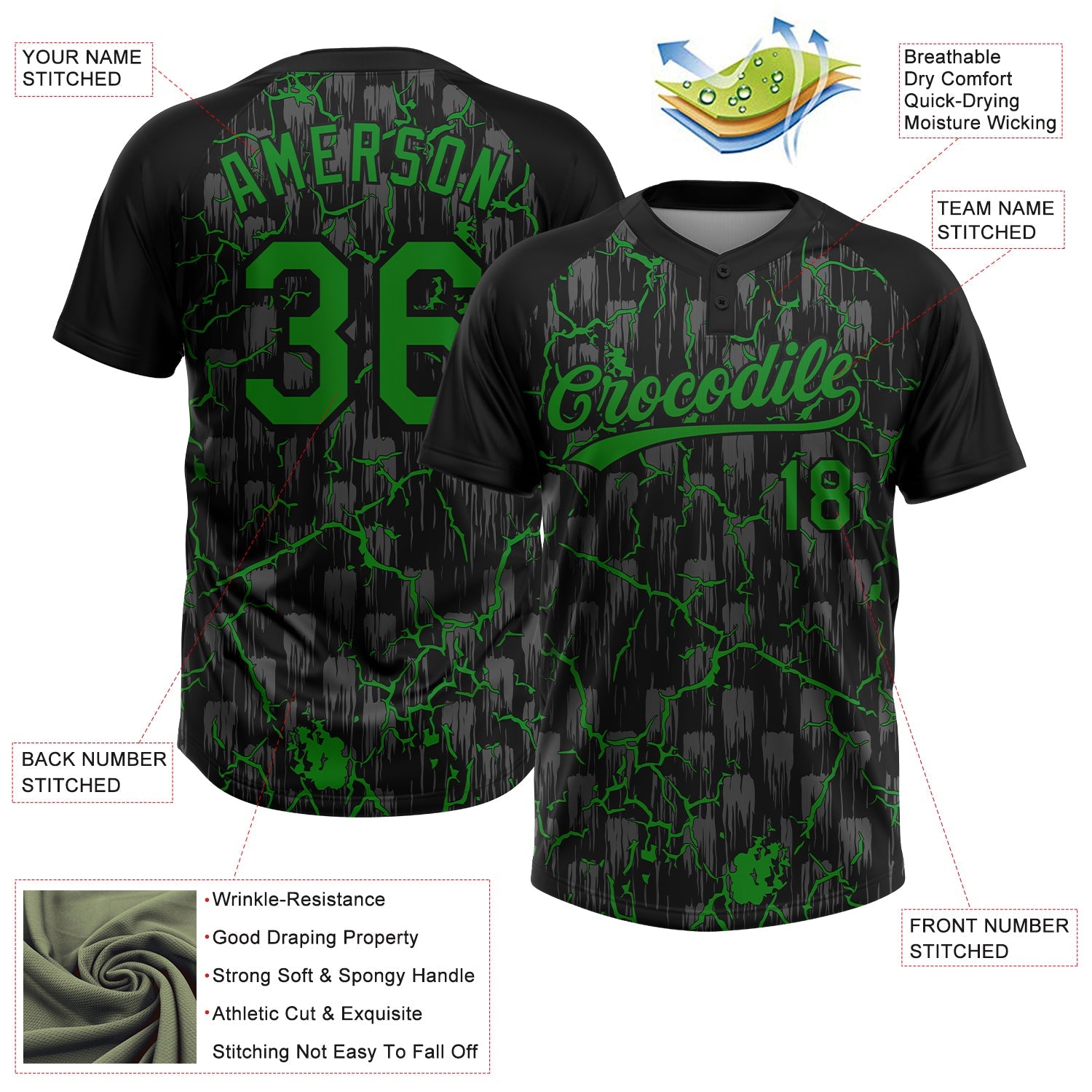 Custom Black Grass Green-Gray Raglan Sleeves Neon Lightning Crackle Two-Button Unisex Softball Jersey