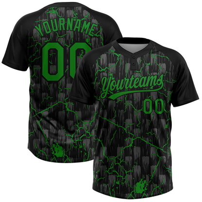 Custom Black Grass Green-Gray Raglan Sleeves Neon Lightning Crackle Two-Button Unisex Softball Jersey
