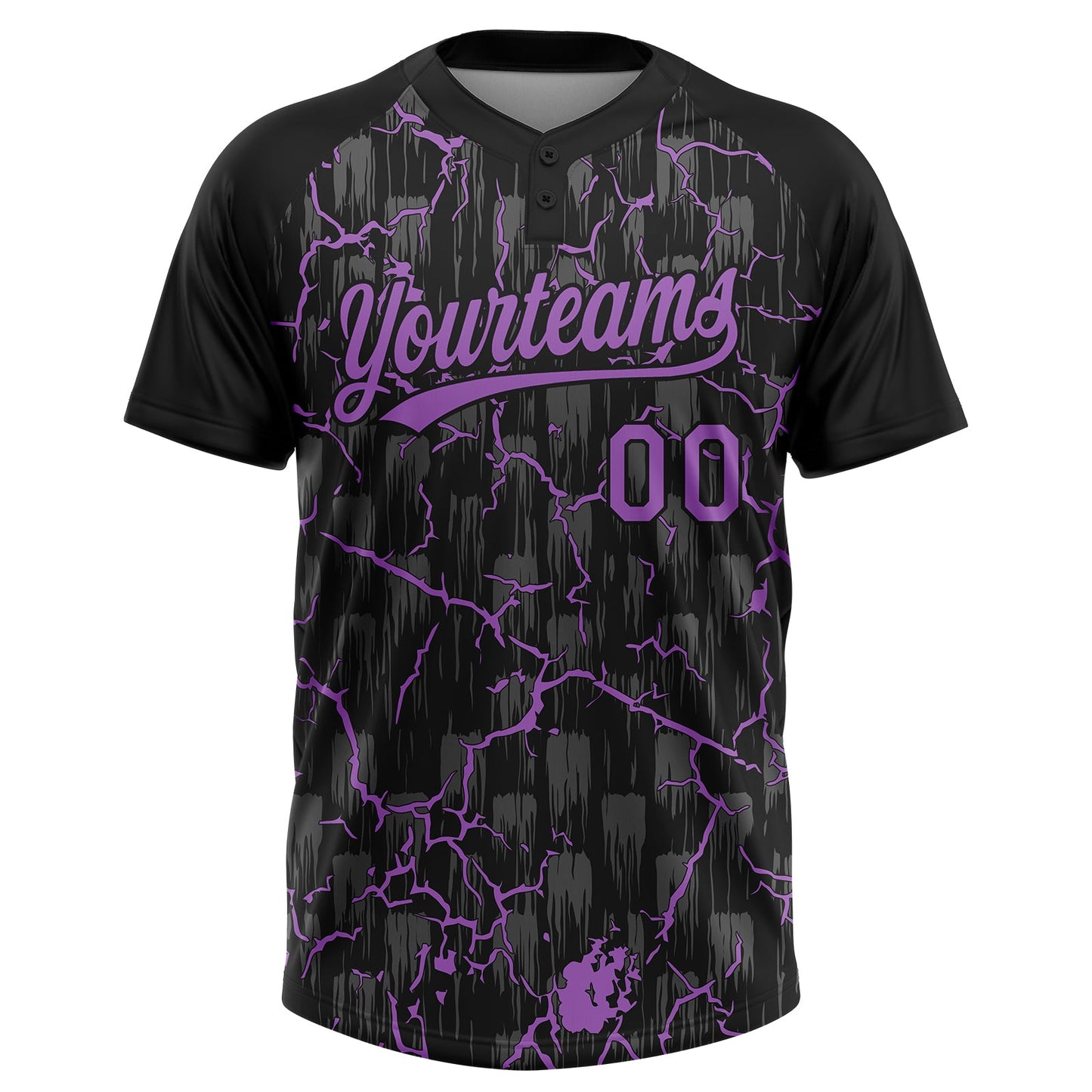 Custom Black Medium Purple-Gray Raglan Sleeves Neon Lightning Crackle Two-Button Unisex Softball Jersey