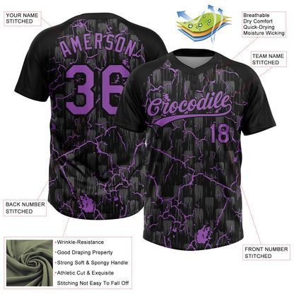 Custom Black Medium Purple-Gray Raglan Sleeves Neon Lightning Crackle Two-Button Unisex Softball Jersey