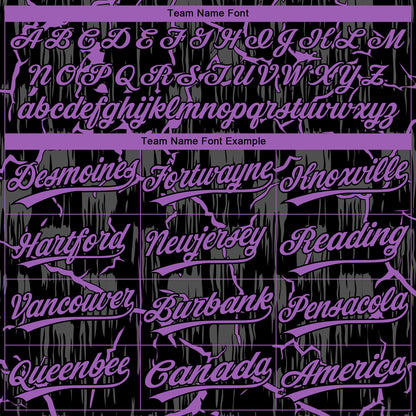Custom Black Medium Purple-Gray Raglan Sleeves Neon Lightning Crackle Two-Button Unisex Softball Jersey