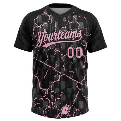 Custom Black Light Pink-Gray Raglan Sleeves Neon Lightning Crackle Two-Button Unisex Softball Jersey