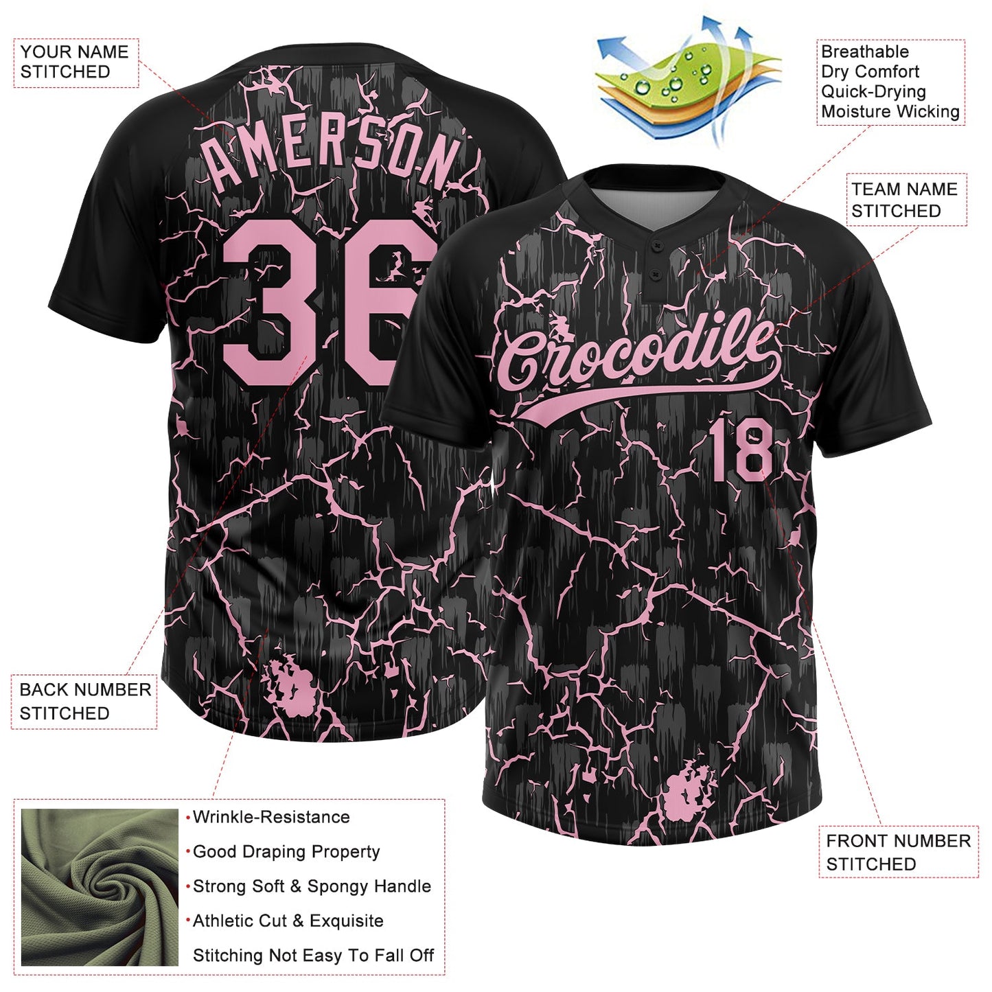 Custom Black Light Pink-Gray Raglan Sleeves Neon Lightning Crackle Two-Button Unisex Softball Jersey