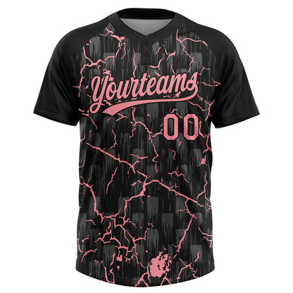 Custom Black-Medium Pink Raglan Sleeves Neon Lightning Crackle Two-Button Unisex Softball Jersey