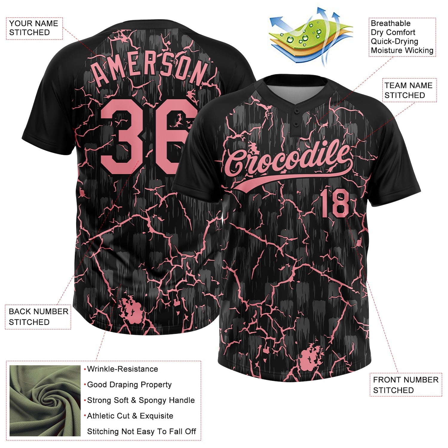 Custom Black-Medium Pink Raglan Sleeves Neon Lightning Crackle Two-Button Unisex Softball Jersey