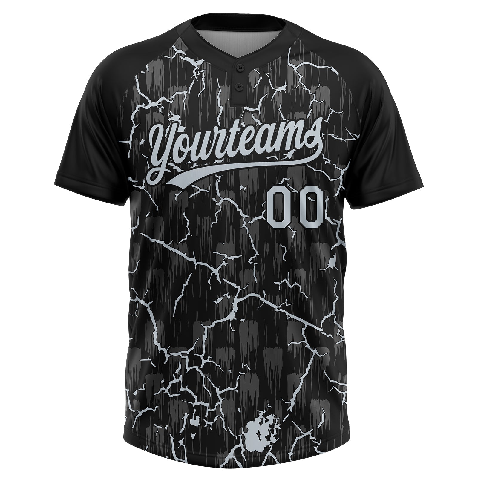 Custom Black Silver Silver-Gray Raglan Sleeves Neon Lightning Crackle Two-Button Unisex Softball Jersey