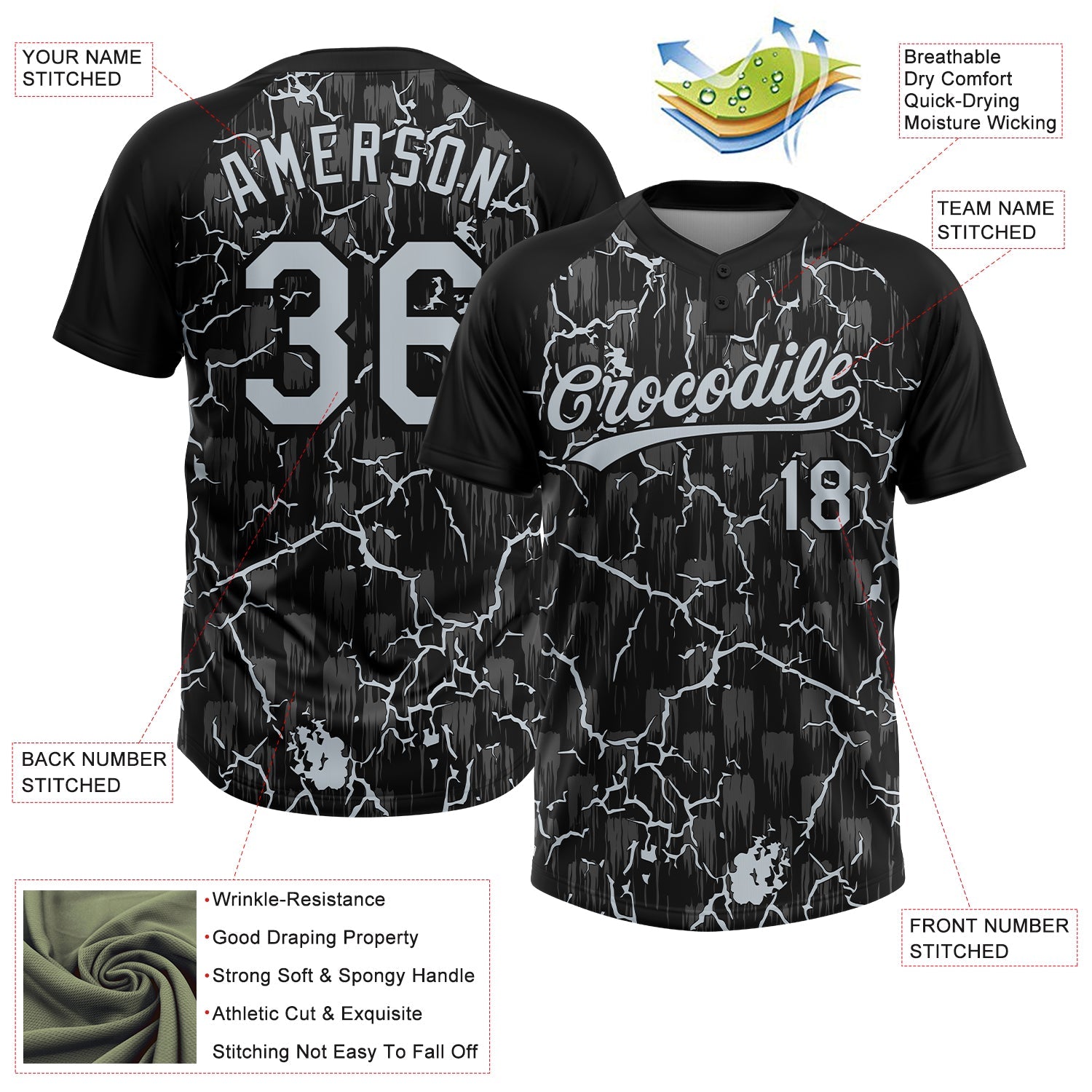 Custom Black Silver Silver-Gray Raglan Sleeves Neon Lightning Crackle Two-Button Unisex Softball Jersey