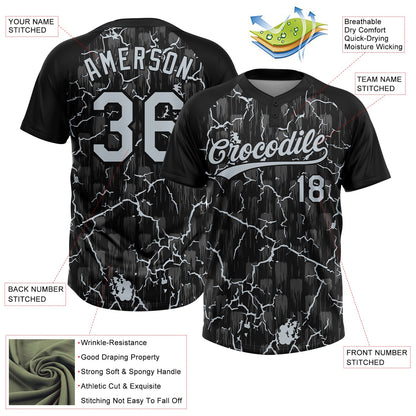 Custom Black Silver Silver-Gray Raglan Sleeves Neon Lightning Crackle Two-Button Unisex Softball Jersey