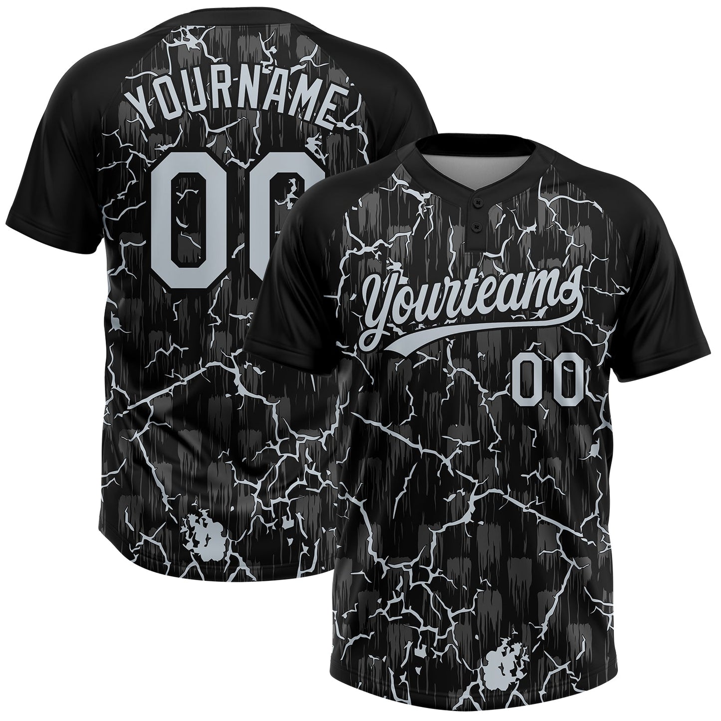 Custom Black Silver Silver-Gray Raglan Sleeves Neon Lightning Crackle Two-Button Unisex Softball Jersey