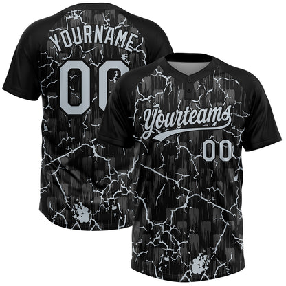 Custom Black Silver Silver-Gray Raglan Sleeves Neon Lightning Crackle Two-Button Unisex Softball Jersey