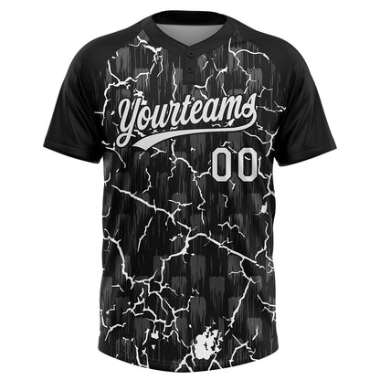 Custom Black White-Gray Raglan Sleeves Neon Lightning Crackle Two-Button Unisex Softball Jersey