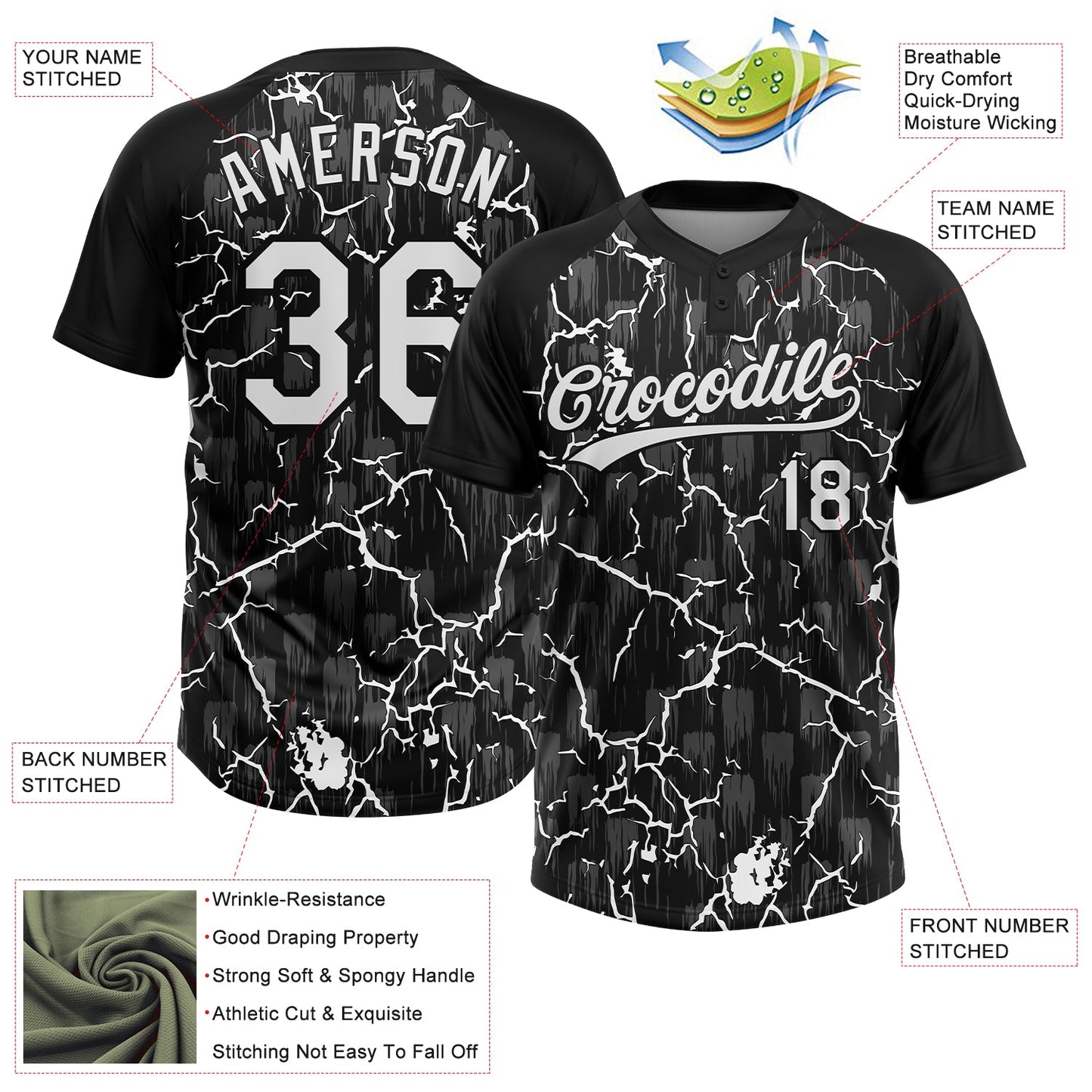 Custom Black White-Gray Raglan Sleeves Neon Lightning Crackle Two-Button Unisex Softball Jersey