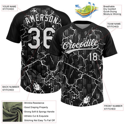 Custom Black White-Gray Raglan Sleeves Neon Lightning Crackle Two-Button Unisex Softball Jersey