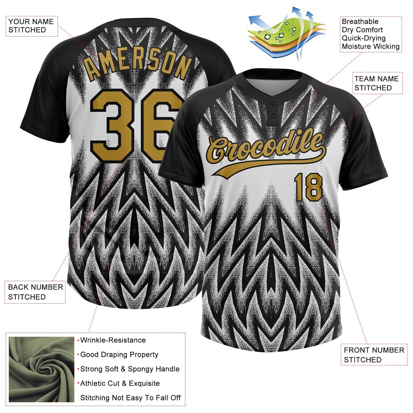 Custom Black Old Gold-White Raglan Sleeves Abstract Geometric Chevron Zigzag Two-Button Unisex Softball Jersey