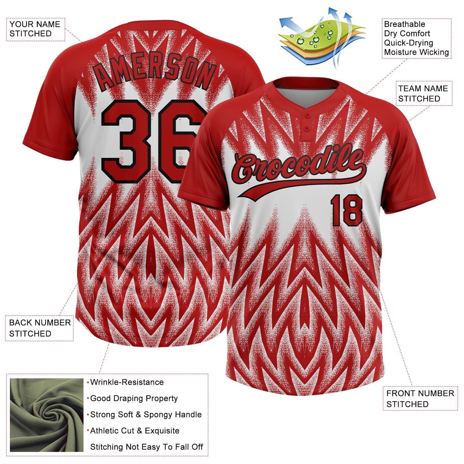 Custom Red White-Black Raglan Sleeves Abstract Geometric Chevron Zigzag Two-Button Unisex Softball Jersey