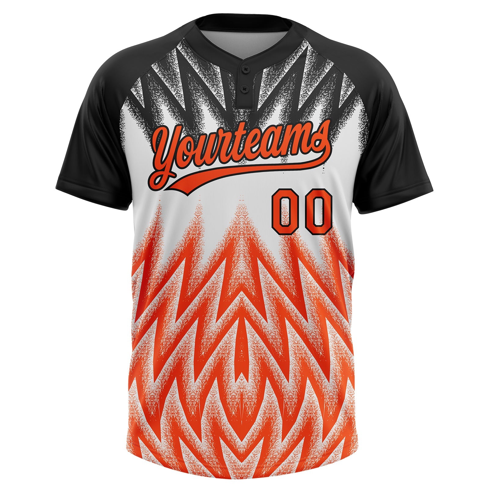 Custom Black Orange-White Raglan Sleeves Abstract Geometric Chevron Zigzag Two-Button Unisex Softball Jersey