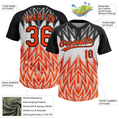 Custom Black Orange-White Raglan Sleeves Abstract Geometric Chevron Zigzag Two-Button Unisex Softball Jersey