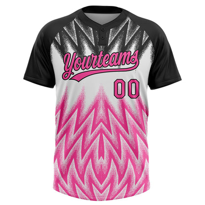 Custom Black Pink-White Raglan Sleeves Abstract Geometric Chevron Zigzag Two-Button Unisex Softball Jersey