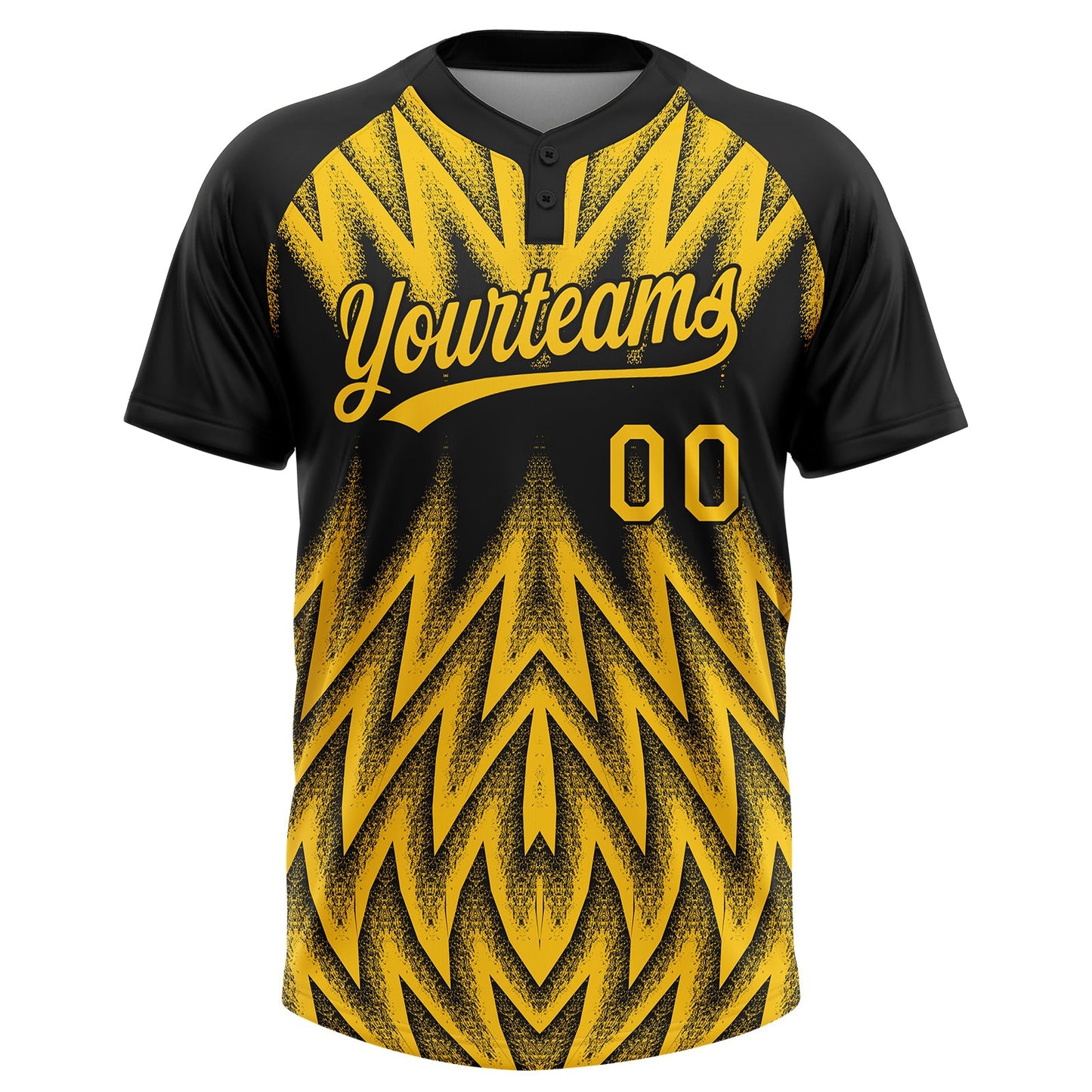 Custom Black-Yellow Raglan Sleeves Abstract Geometric Chevron Zigzag Two-Button Unisex Softball Jersey