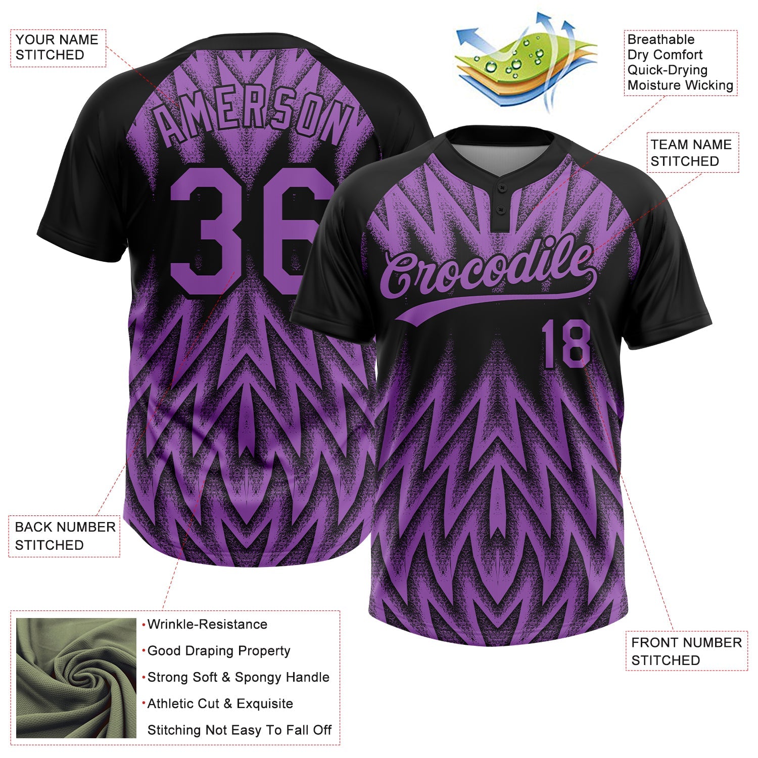 Custom Black-Purple Raglan Sleeves Abstract Geometric Chevron Zigzag Two-Button Unisex Softball Jersey