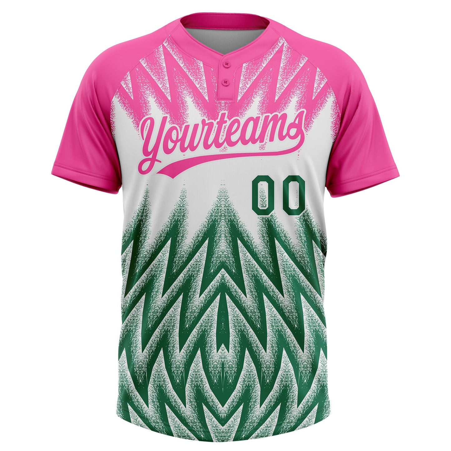 Custom Pink Kelly Green-White Raglan Sleeves Abstract Geometric Chevron Zigzag Two-Button Unisex Softball Jersey