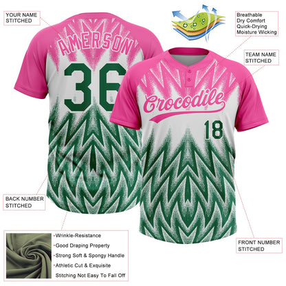 Custom Pink Kelly Green-White Raglan Sleeves Abstract Geometric Chevron Zigzag Two-Button Unisex Softball Jersey