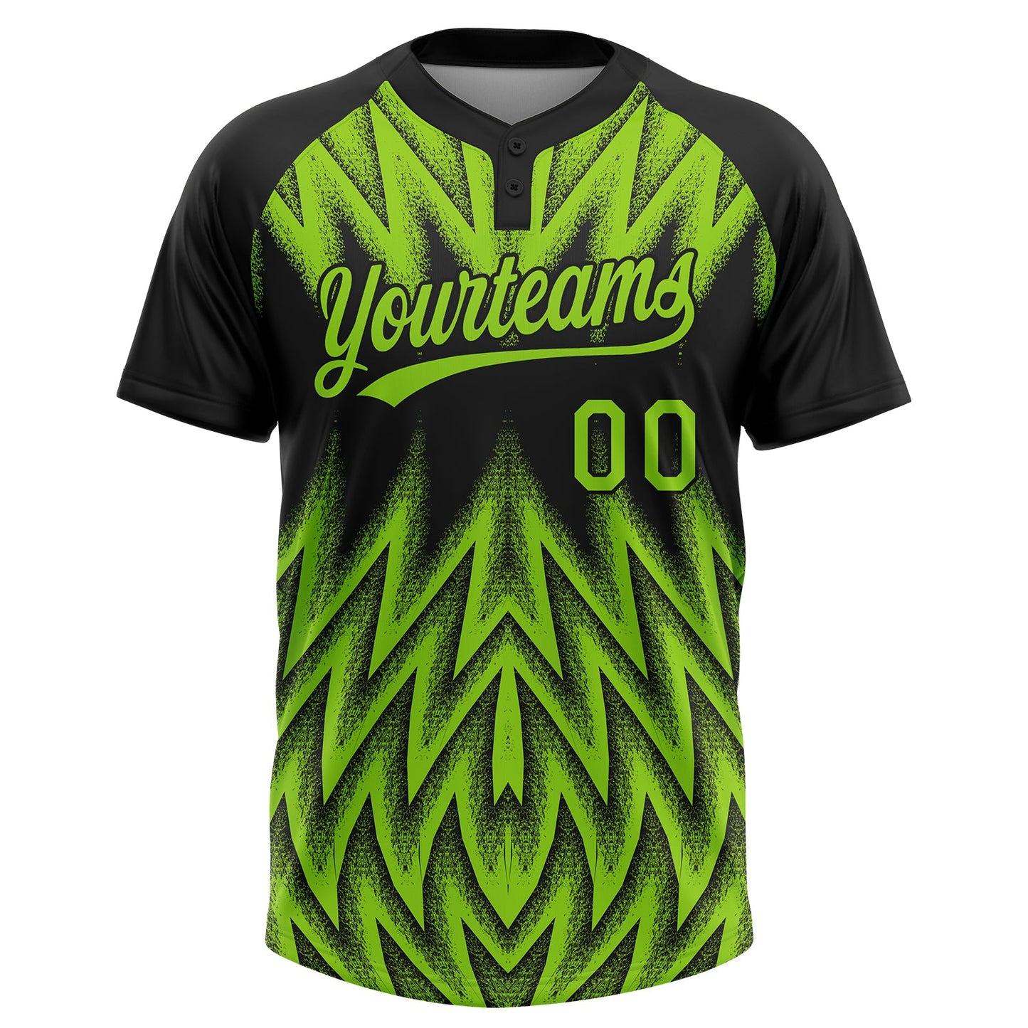 Custom Black-Neon Green Raglan Sleeves Abstract Geometric Chevron Zigzag Two-Button Unisex Softball Jersey