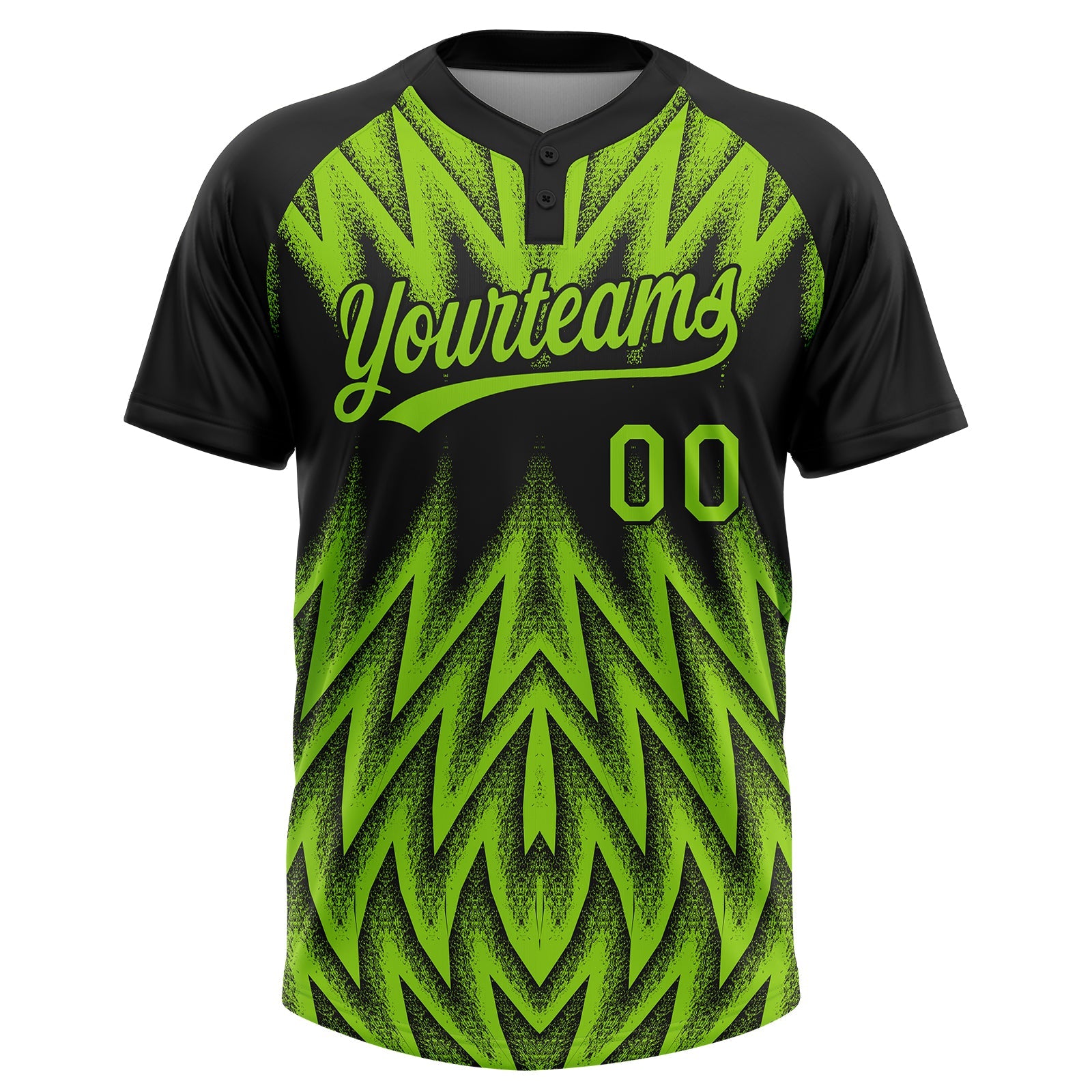 Custom Black-Neon Green Raglan Sleeves Abstract Geometric Chevron Zigzag Two-Button Unisex Softball Jersey