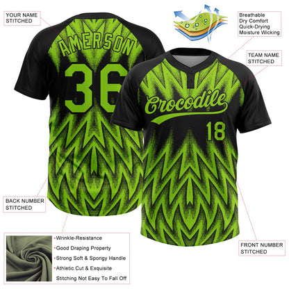 Custom Black-Neon Green Raglan Sleeves Abstract Geometric Chevron Zigzag Two-Button Unisex Softball Jersey