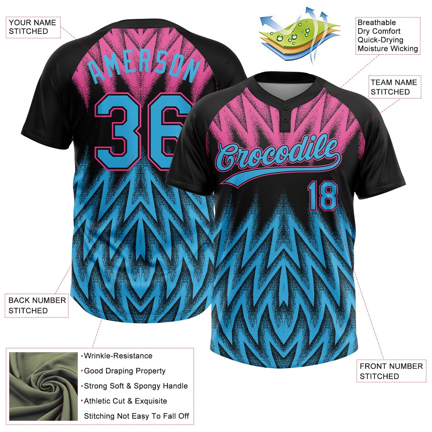 Custom Black Sky Blue-Pink Raglan Sleeves Abstract Geometric Chevron Zigzag Two-Button Unisex Softball Jersey
