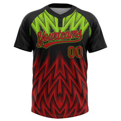 Custom Black Red-Neon Green Raglan Sleeves Abstract Geometric Chevron Zigzag Two-Button Unisex Softball Jersey
