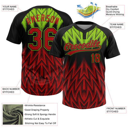 Custom Black Red-Neon Green Raglan Sleeves Abstract Geometric Chevron Zigzag Two-Button Unisex Softball Jersey