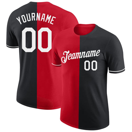 Custom Black White-Red Split Fashion Performance T-Shirt