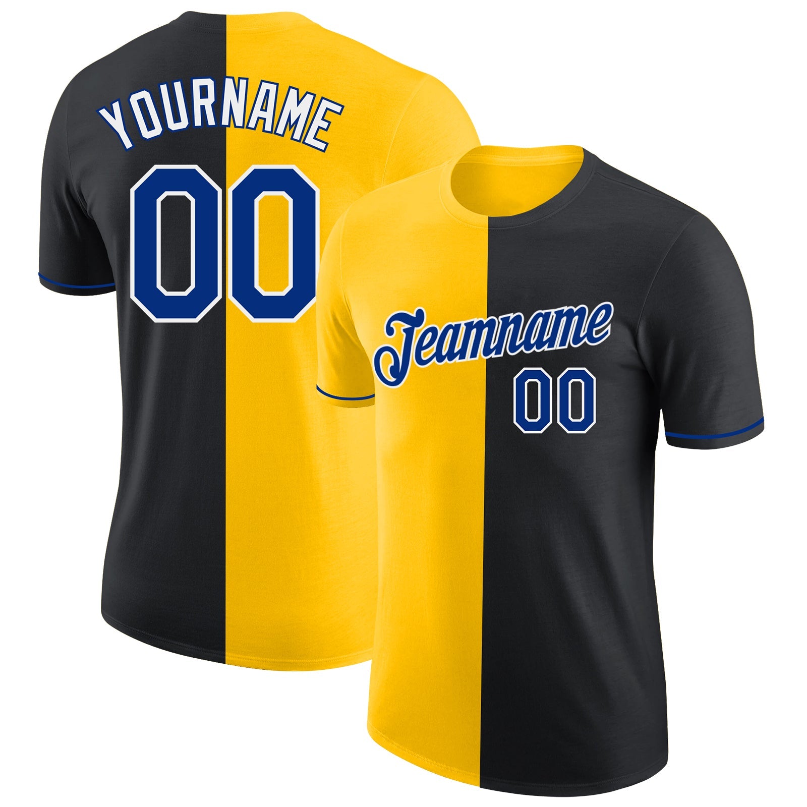 Custom Black Royal-Yellow Split Fashion Performance T-Shirt