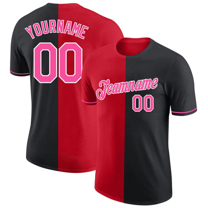 Custom Black Pink-Red Split Fashion Performance T-Shirt
