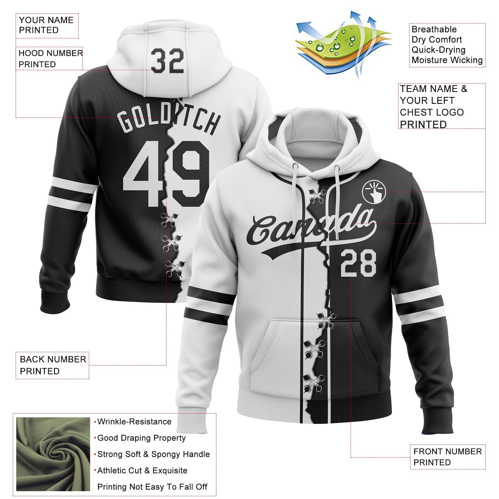 Custom Black White Split Ripped Pattern Baseball Pullover Sweatshirt Hoodie