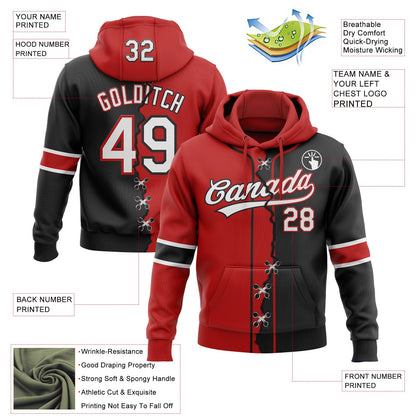 Custom Black White-Red Split Ripped Pattern Baseball Pullover Sweatshirt Hoodie