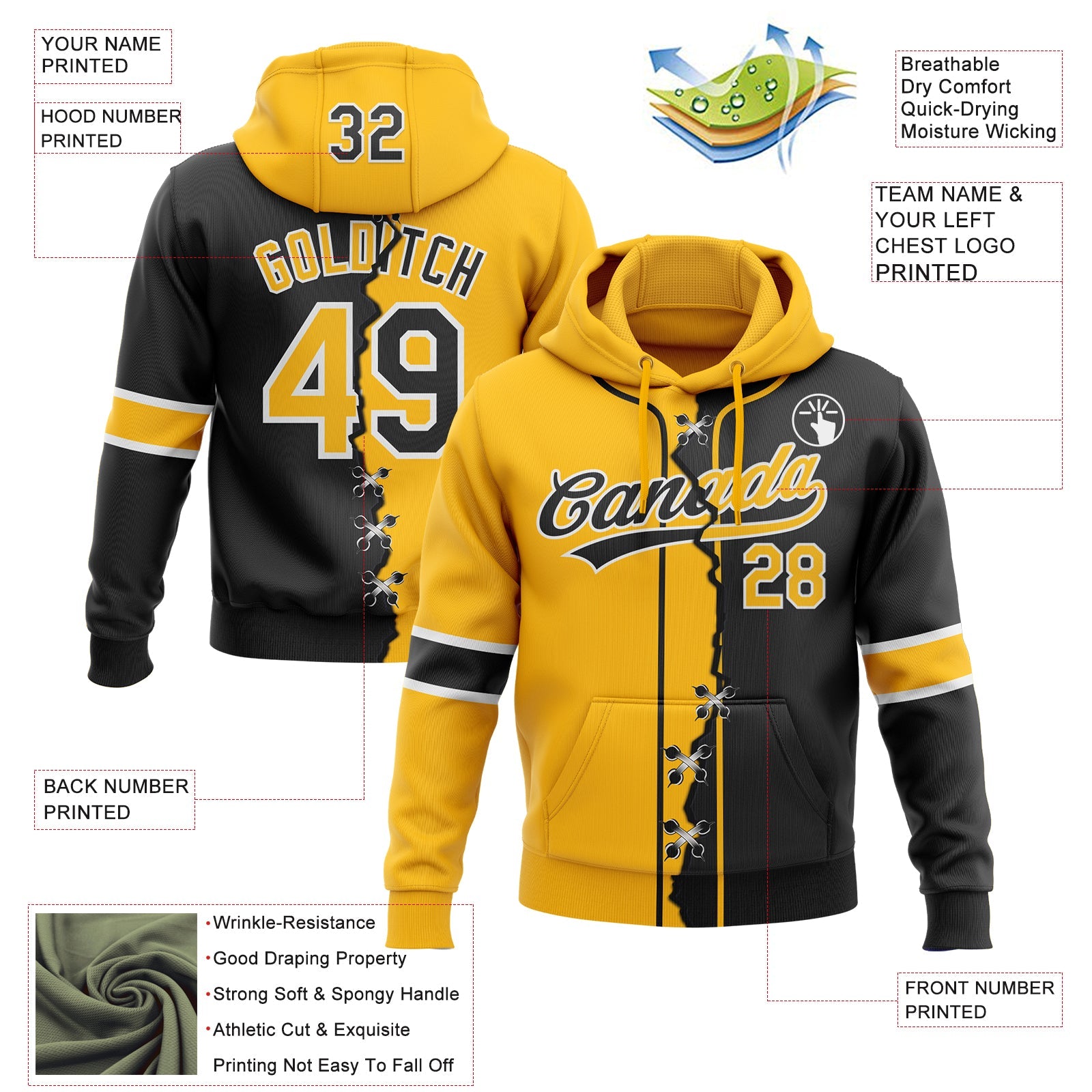 Custom Black Gold-Whte Split Ripped Pattern Baseball Pullover Sweatshirt Hoodie