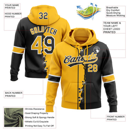 Custom Black Gold-Whte Split Ripped Pattern Baseball Pullover Sweatshirt Hoodie