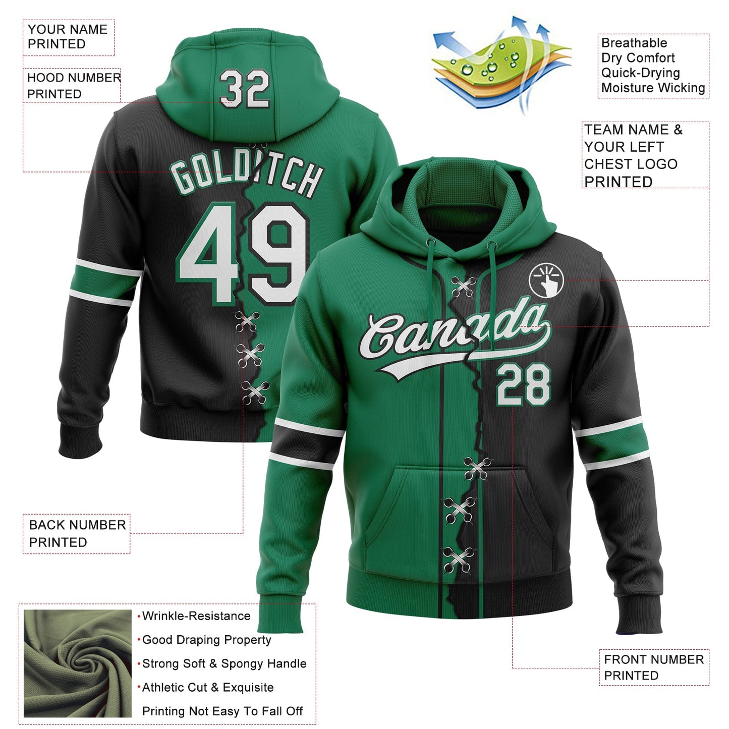 Custom Black White-Kelly Green Split Ripped Pattern Baseball Pullover Sweatshirt Hoodie