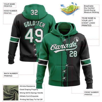 Custom Black White-Kelly Green Split Ripped Pattern Baseball Pullover Sweatshirt Hoodie