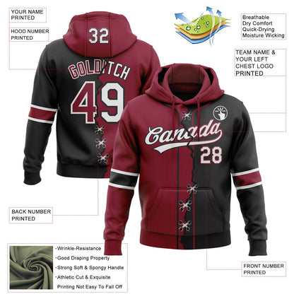 Custom Black White-Crimson Split Ripped Pattern Baseball Pullover Sweatshirt Hoodie