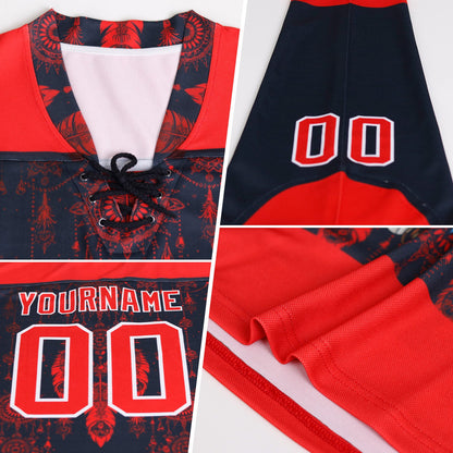 Custom Black Red-White Split Fashion Hockey Lace Neck Jersey