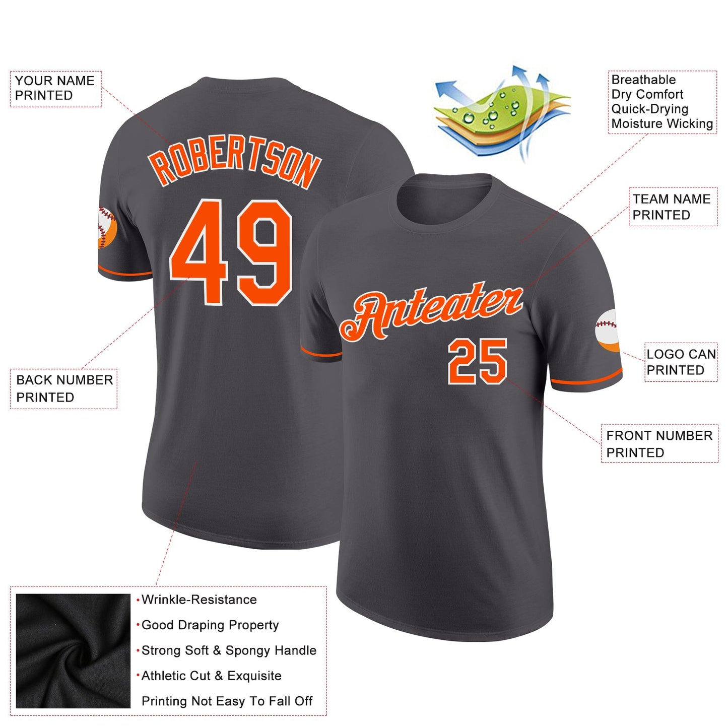 Custom Steel Gray Orange-White Performance T-Shirt