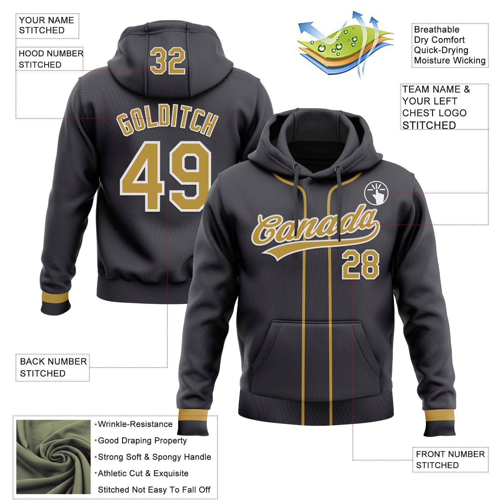 Custom Stitched Steel Gray Old Gold-White Baseball Pullover Sweatshirt Hoodie
