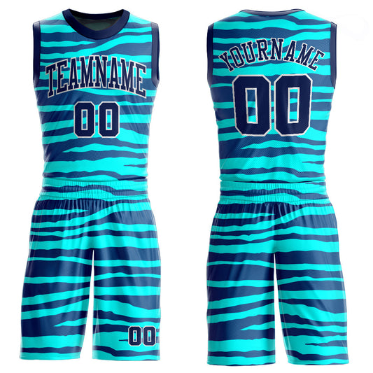 Custom Teal Navy-White Round Neck Sublimation Basketball Uniform Jersey